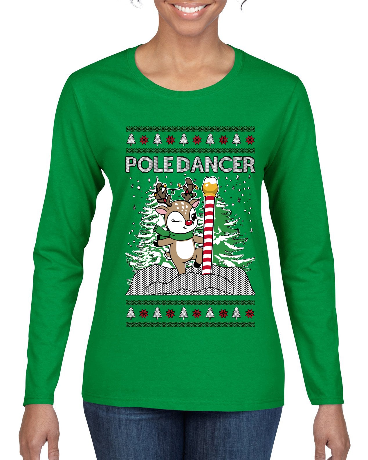 Pole Dancer, Ugly Christmas Sweater Womens Graphic Long Sleeve T-Shirt