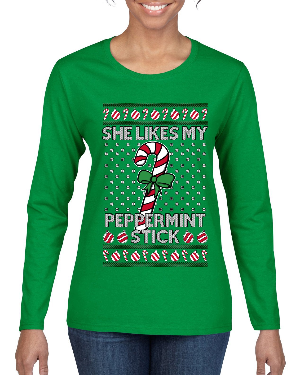 She Likes My Peppermint Stick, Ugly Christmas Sweater Womens Graphic Long Sleeve T-Shirt