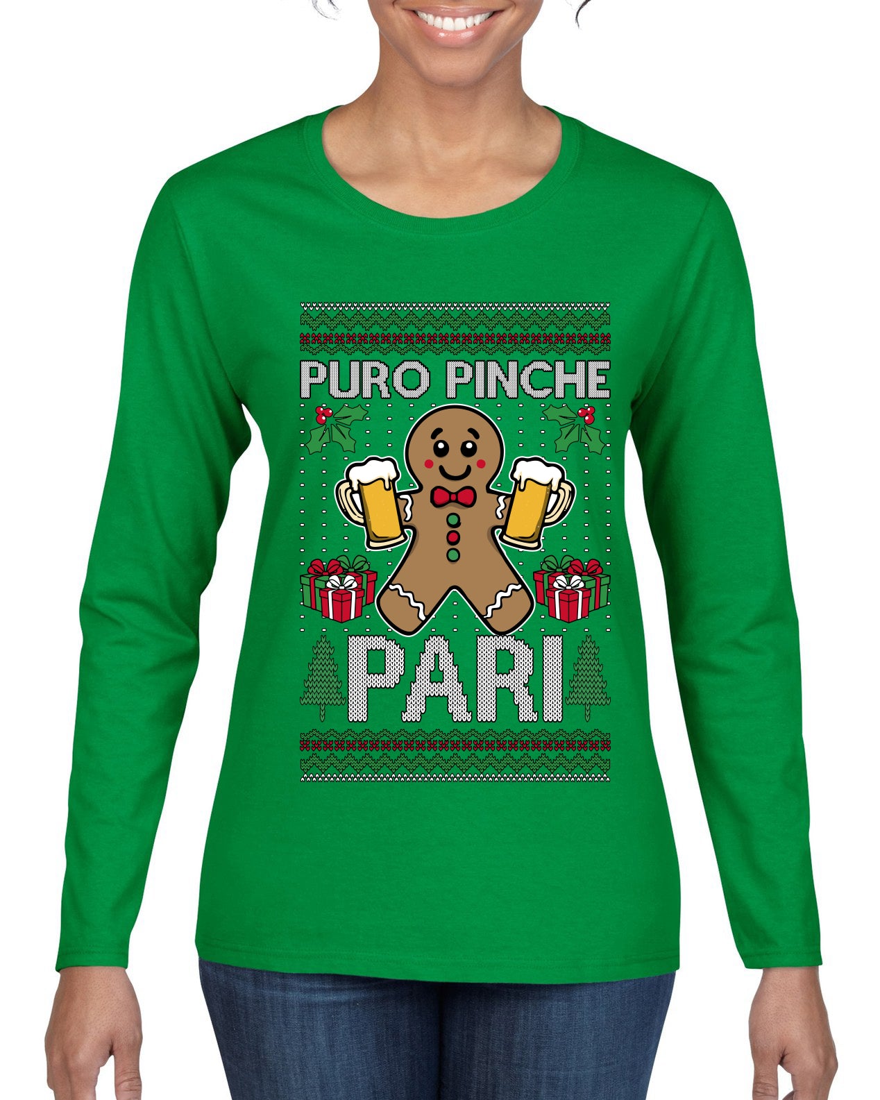 Puro Pinche Pari, Ugly Christmas Sweater Womens Graphic Long Sleeve T-Shirt