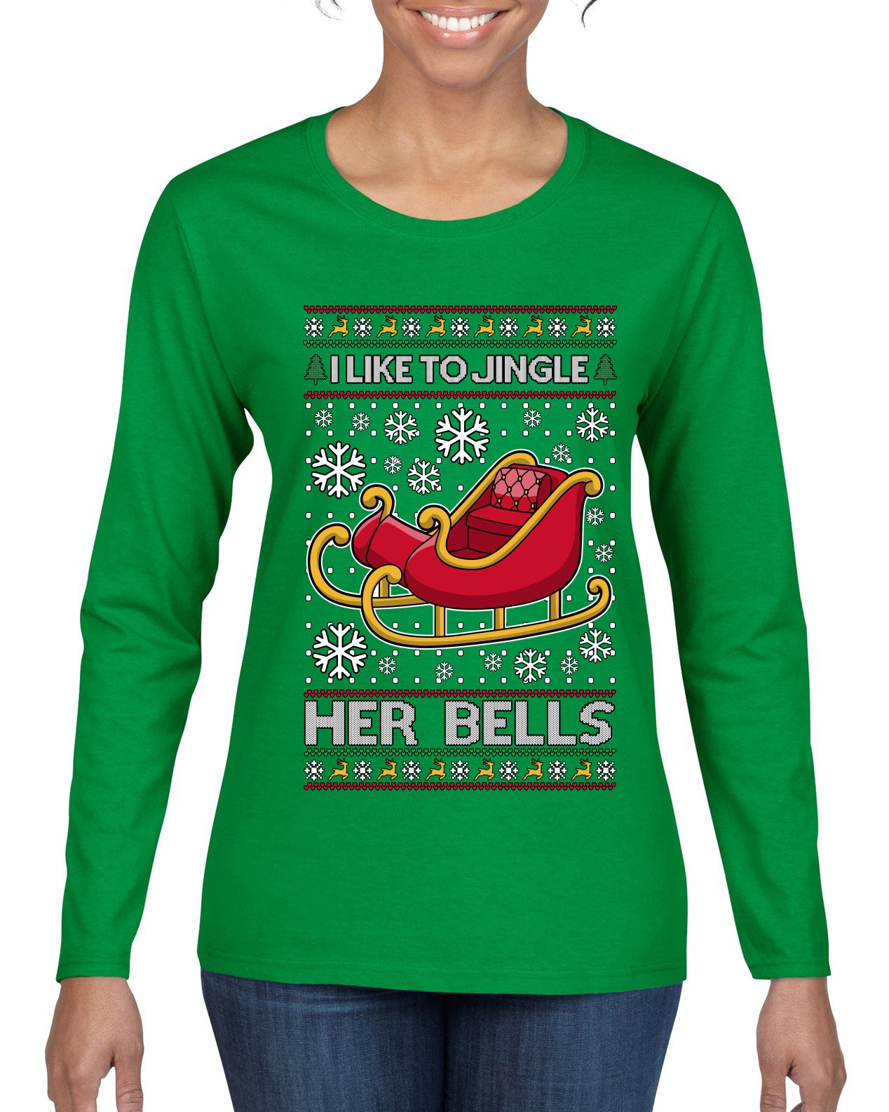 I Like To Jingle Her Bells, Ugly Christmas Sweater Womens Graphic Long Sleeve T-Shirt