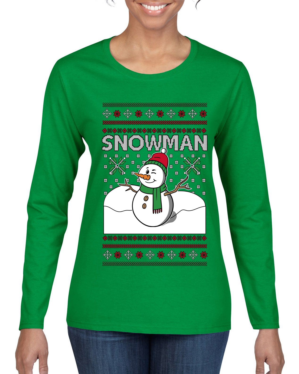Snowman, Ugly Christmas Sweater Womens Graphic Long Sleeve T-Shirt