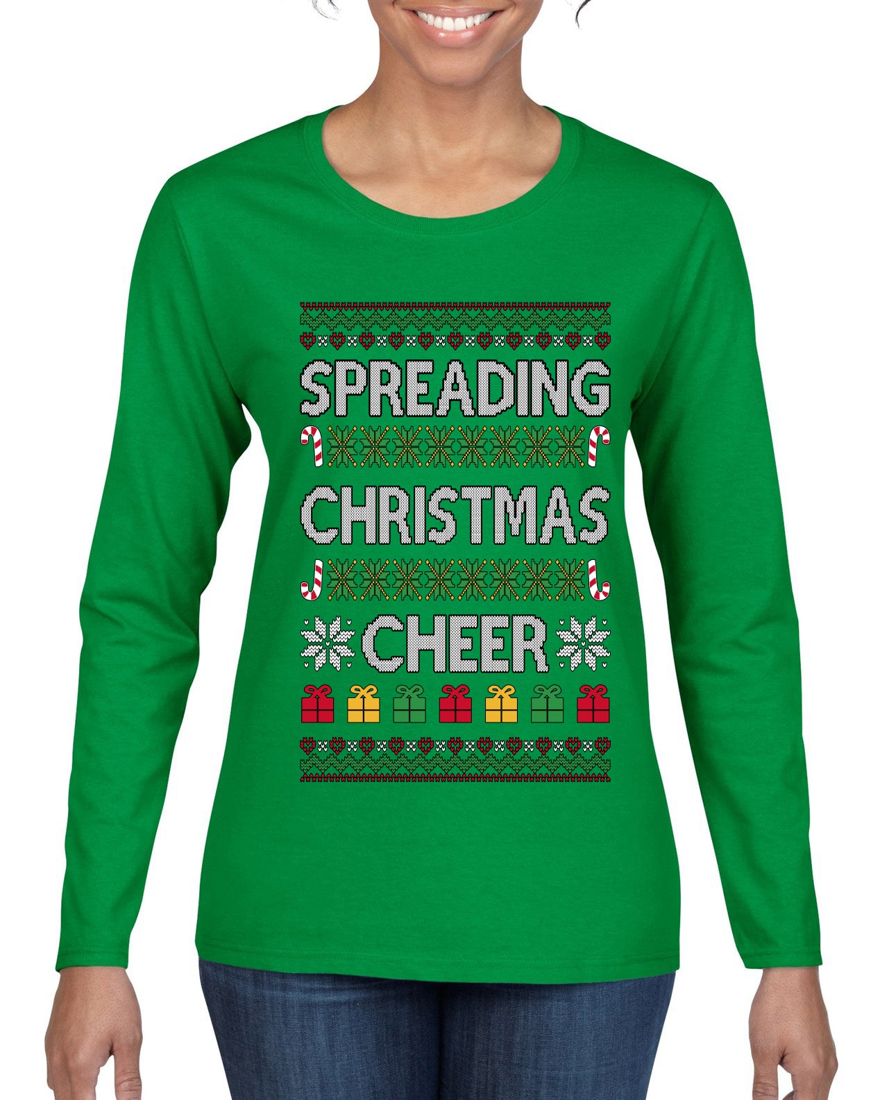 Spreading Christmas Cheer, Ugly Christmas Sweater Womens Graphic Long Sleeve T-Shirt