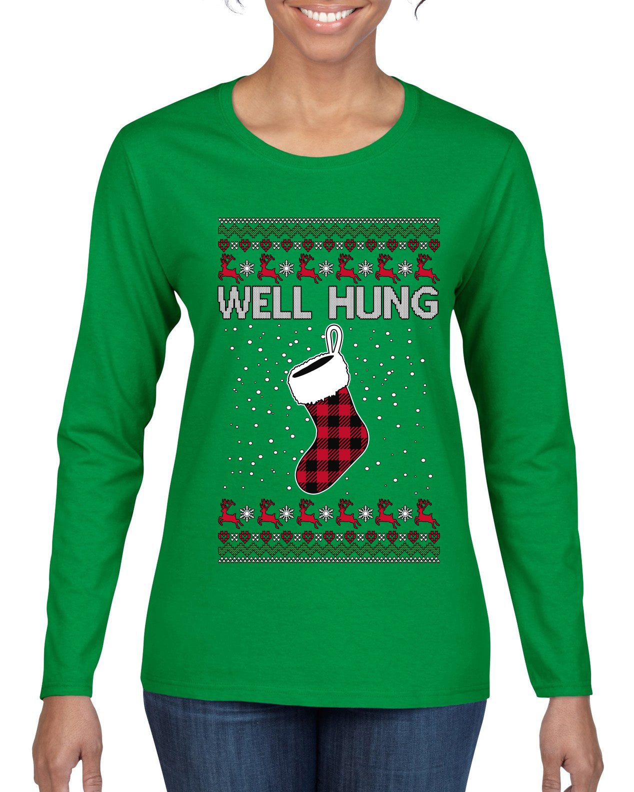 Well Hung, Ugly Christmas Sweater Womens Graphic Long Sleeve T-Shirt