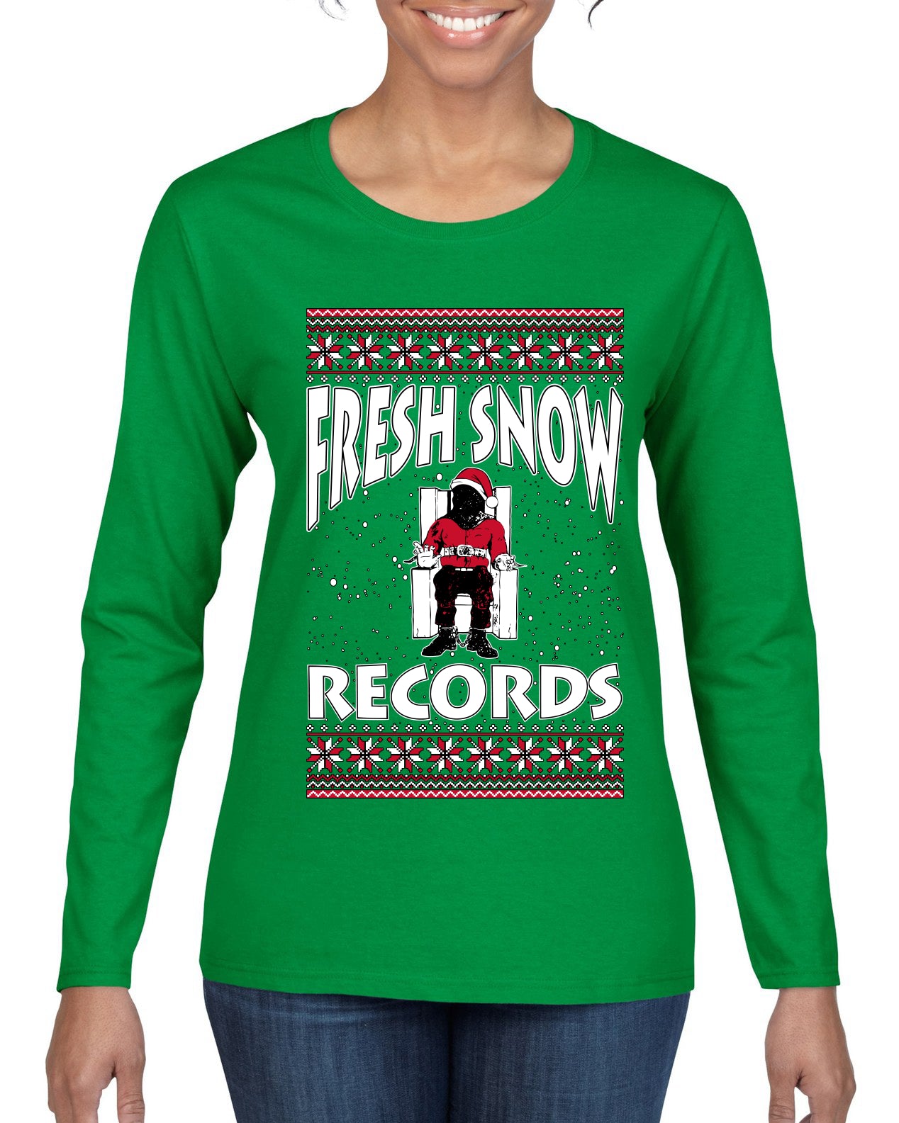 Fresh Snow Records Hip Hop Parody, Ugly Christmas Sweater Womens Graphic Long Sleeve T-Shirt