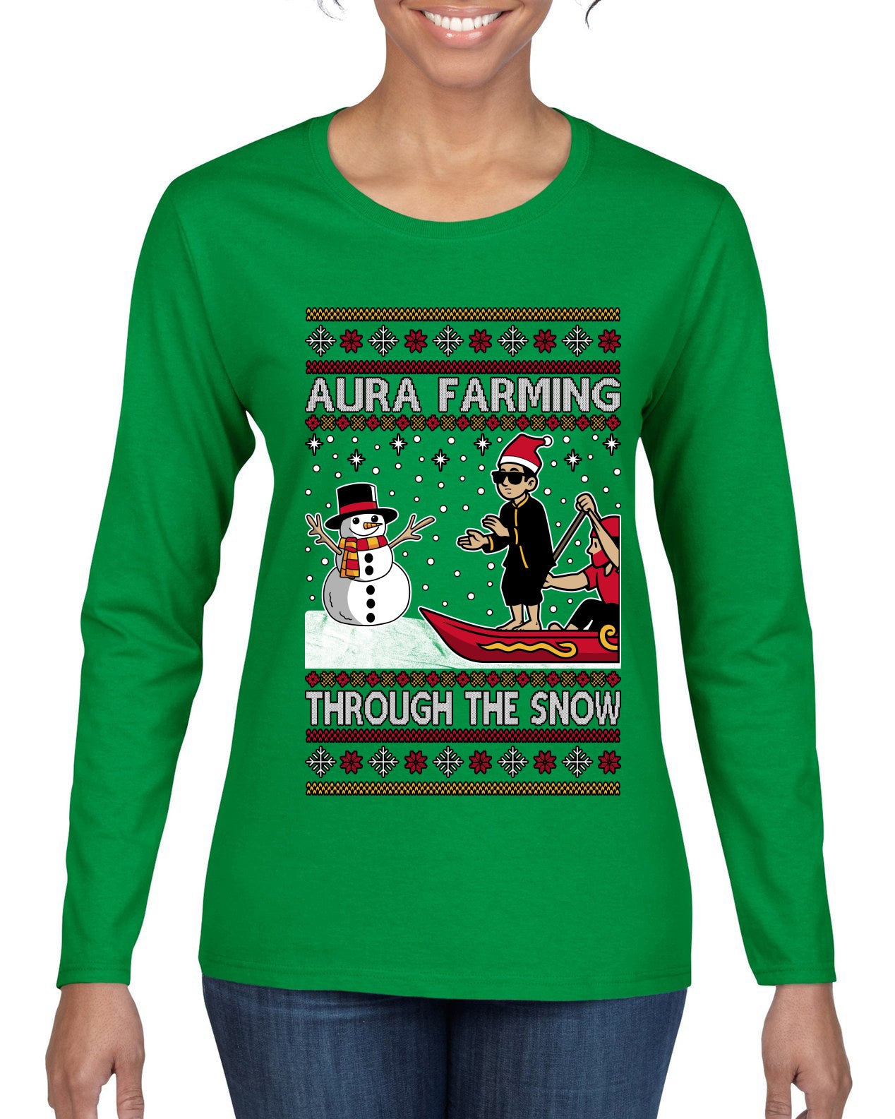 Aura Farming Through The Snow Meme, Ugly Christmas Sweater Womens Graphic Long Sleeve T-Shirt