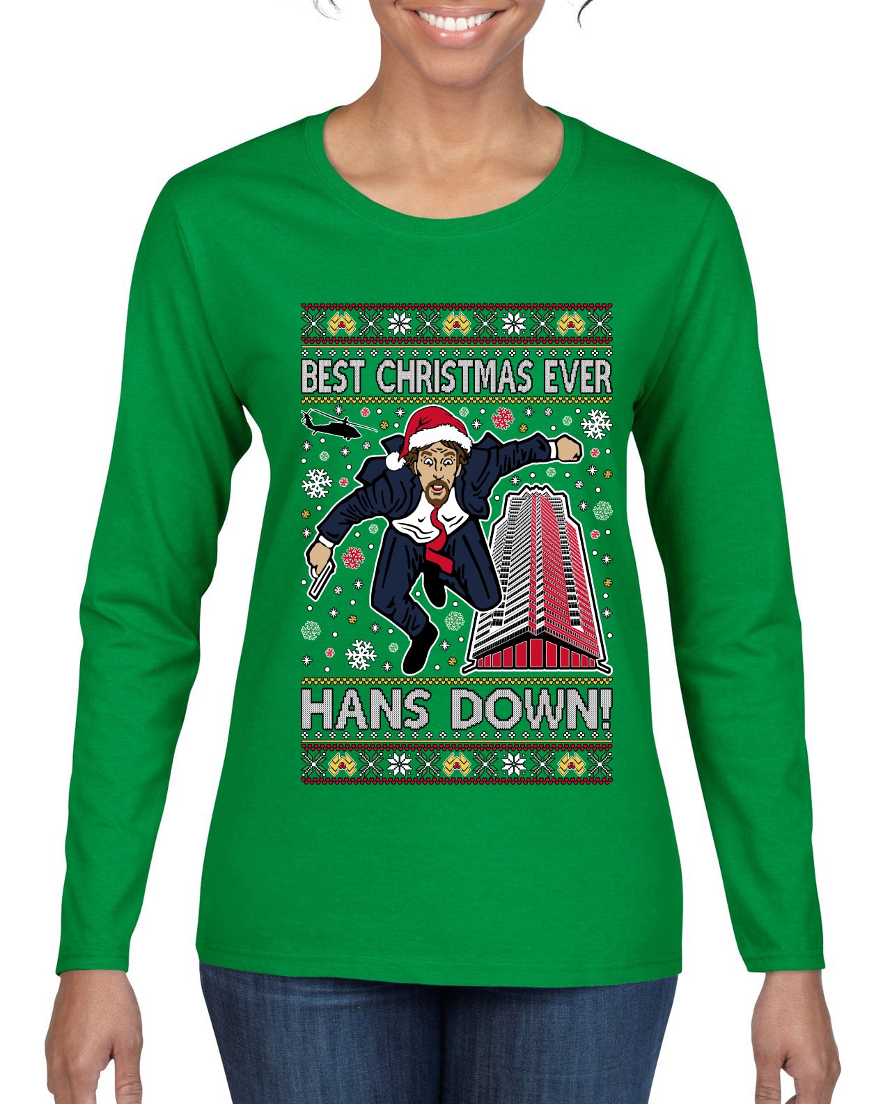 Die Hard Best Christmas Ever Hans Down Nakatomi, Ugly Christmas Sweater Womens Graphic Long Sleeve T-Shirt