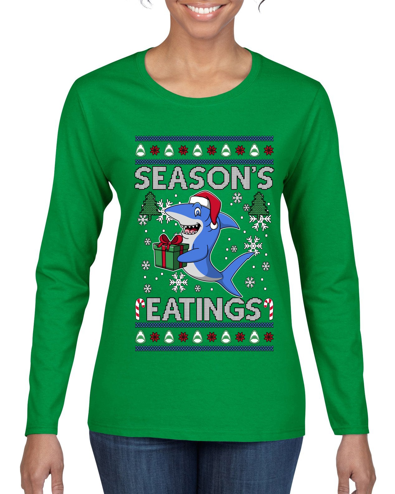 Season's Eatings Shark, Ugly Christmas Sweater Womens Graphic Long Sleeve T-Shirt