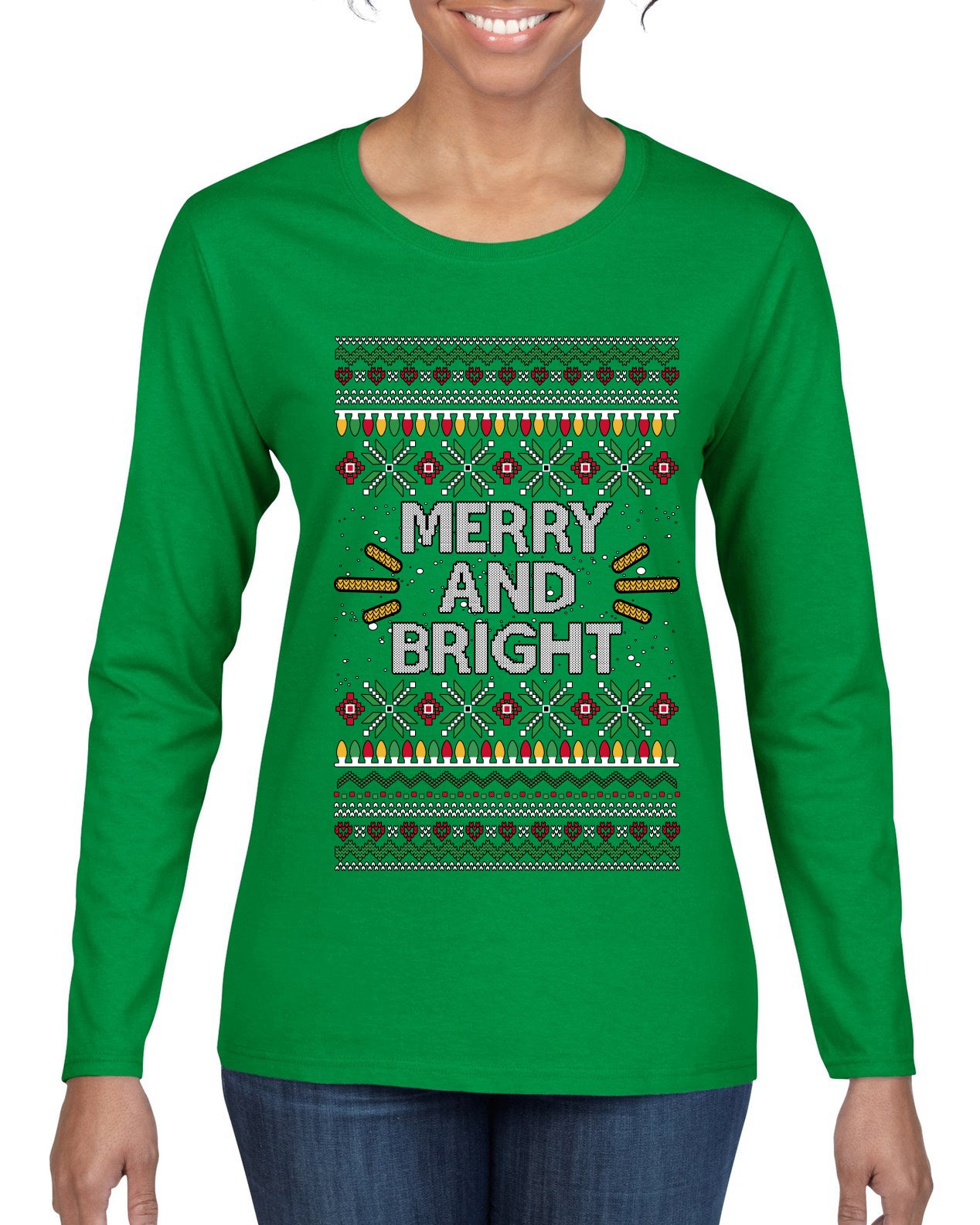 Merry And Bright, Ugly Christmas Sweater Womens Graphic Long Sleeve T-Shirt