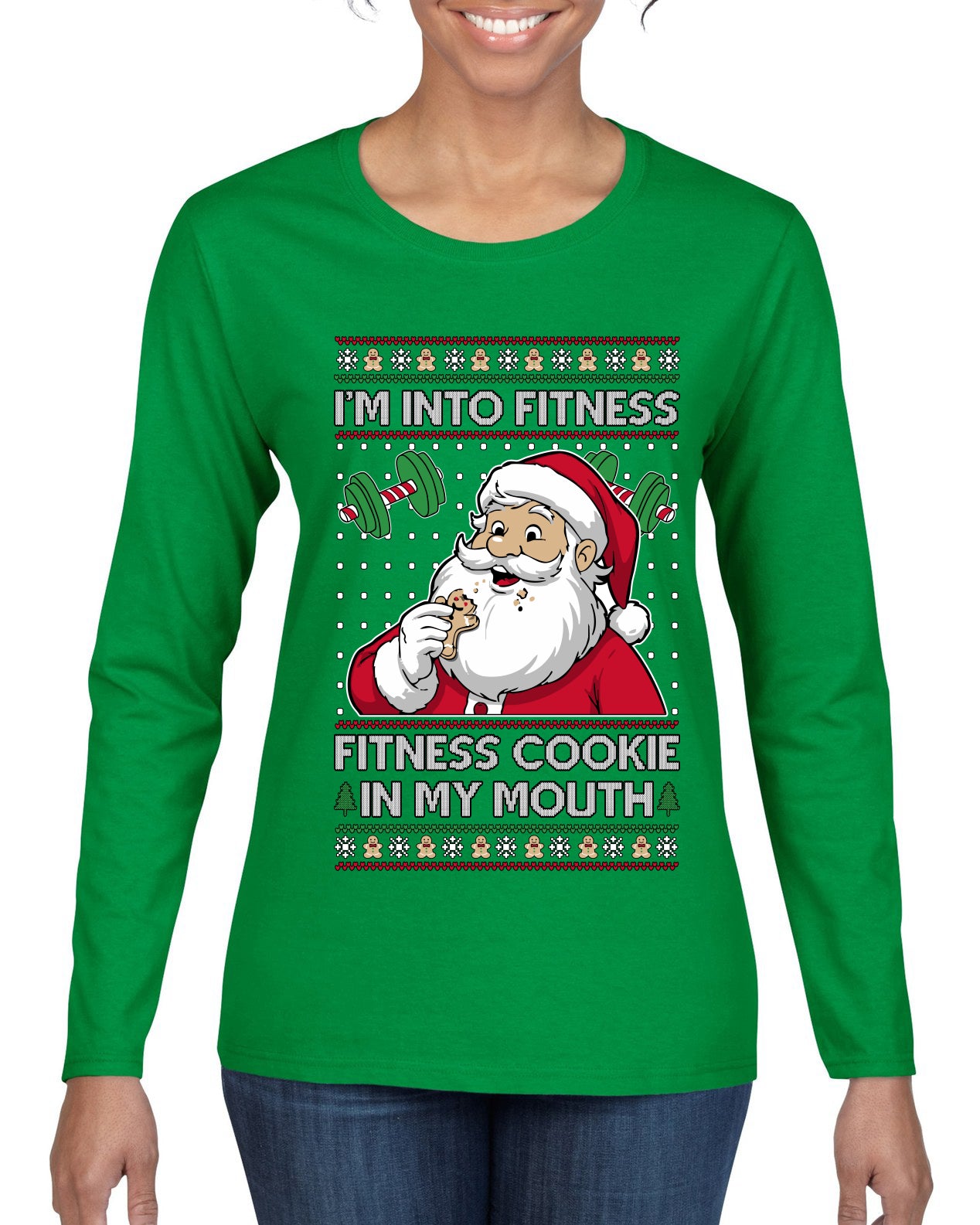 I'm Into Fitness Cookie In My Mouth Santa, Ugly Christmas Sweater Womens Graphic Long Sleeve T-Shirt