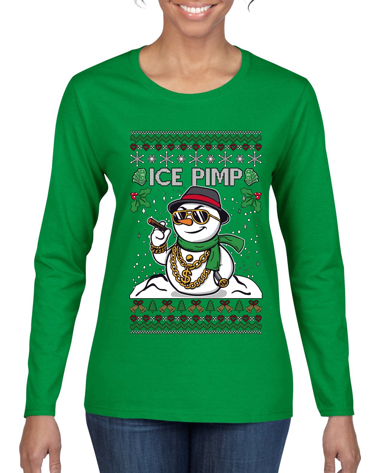 Ice Pimp, Ugly Christmas Sweater Womens Graphic Long Sleeve T-Shirt