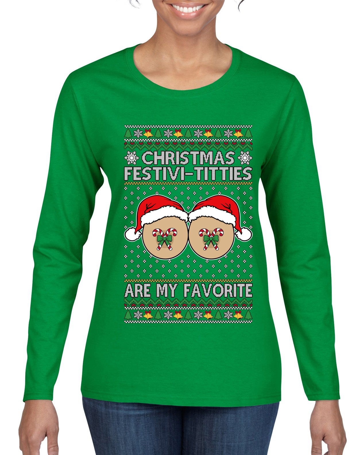 Christmas Festivi-Titties Are My Favorite, Ugly Christmas Sweater Womens Graphic Long Sleeve T-Shirt