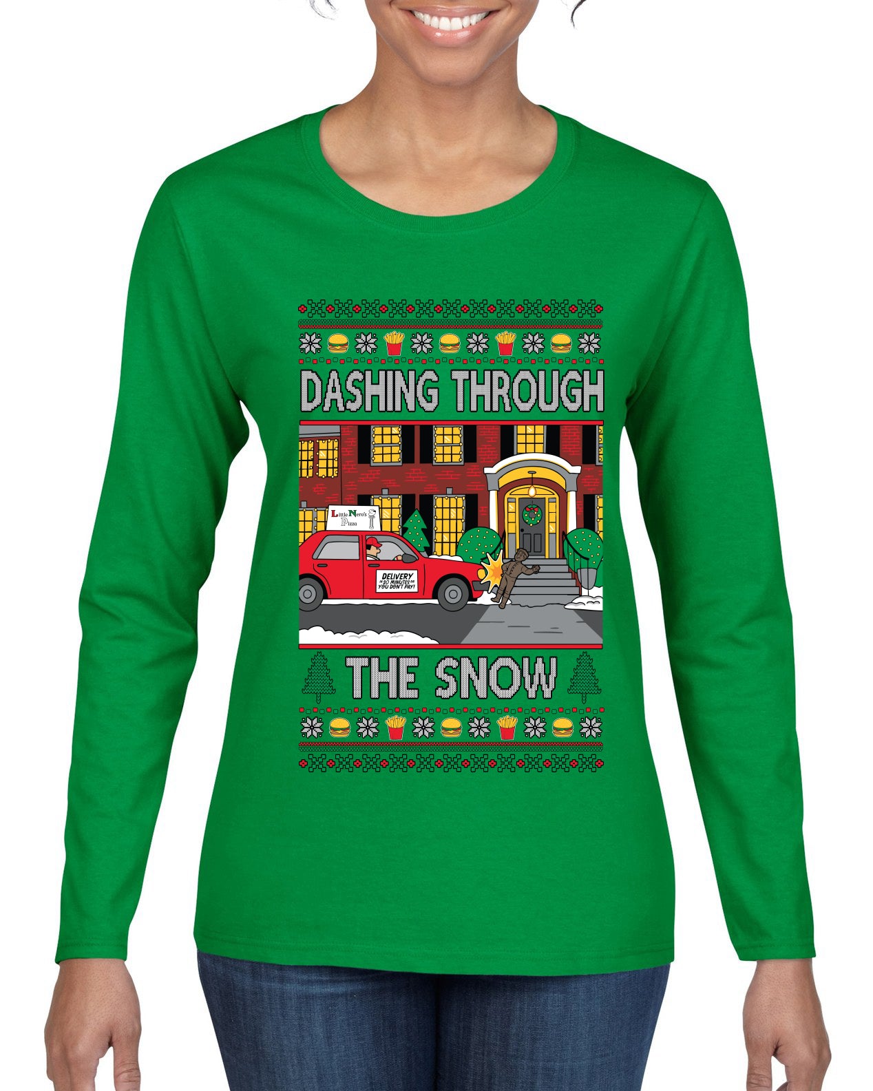 Dashing Through The Snow Classic 90s Holiday Movie, Ugly Christmas Sweater Womens Graphic Long Sleeve T-Shirt