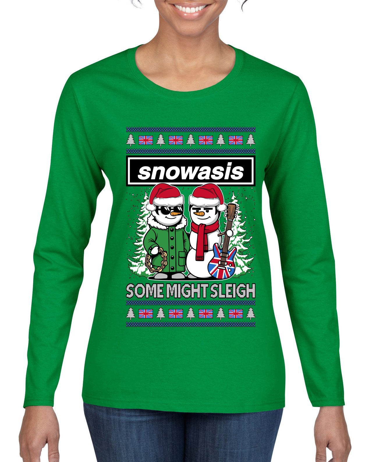 Snowasis English Rock Band Parody, Ugly Christmas Sweater Womens Graphic Long Sleeve T-Shirt