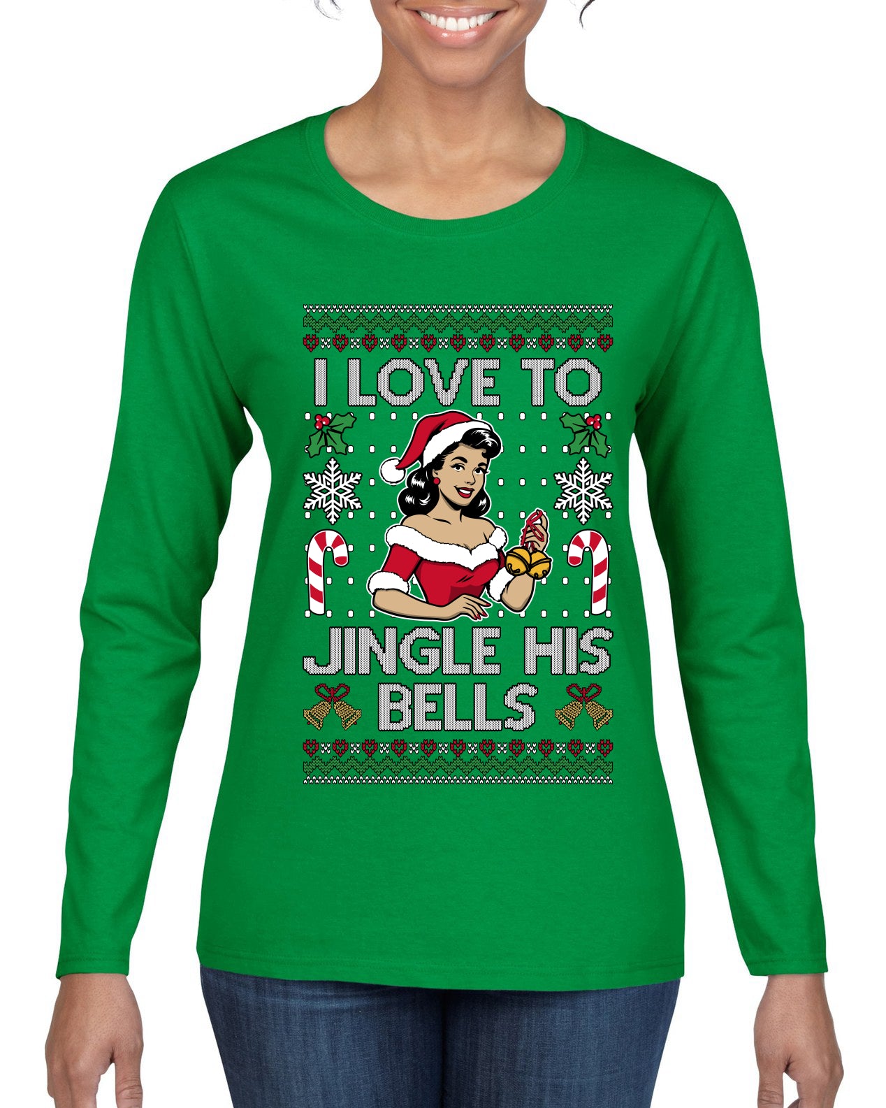 I Love To Jingle His Bells, Ugly Christmas Sweater Womens Graphic Long Sleeve T-Shirt