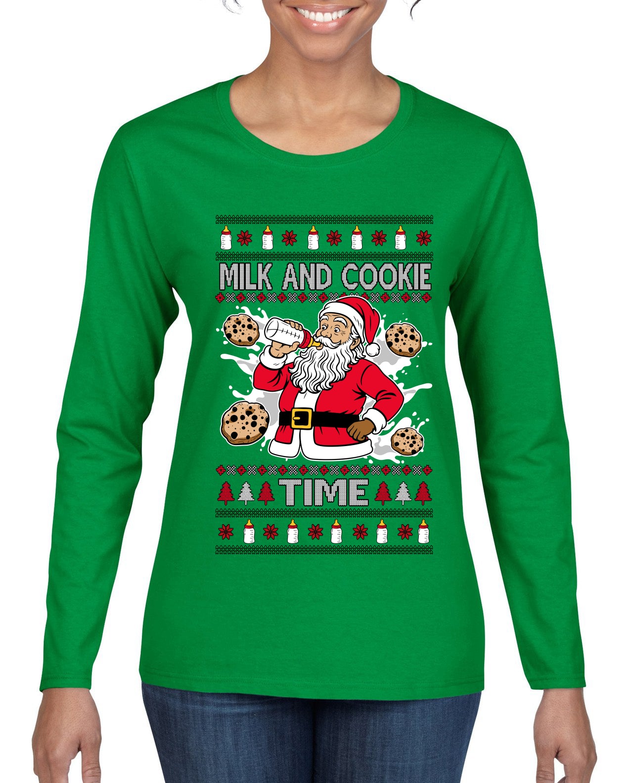 Milk And Cookie Time, Ugly Christmas Sweater Womens Graphic Long Sleeve T-Shirt