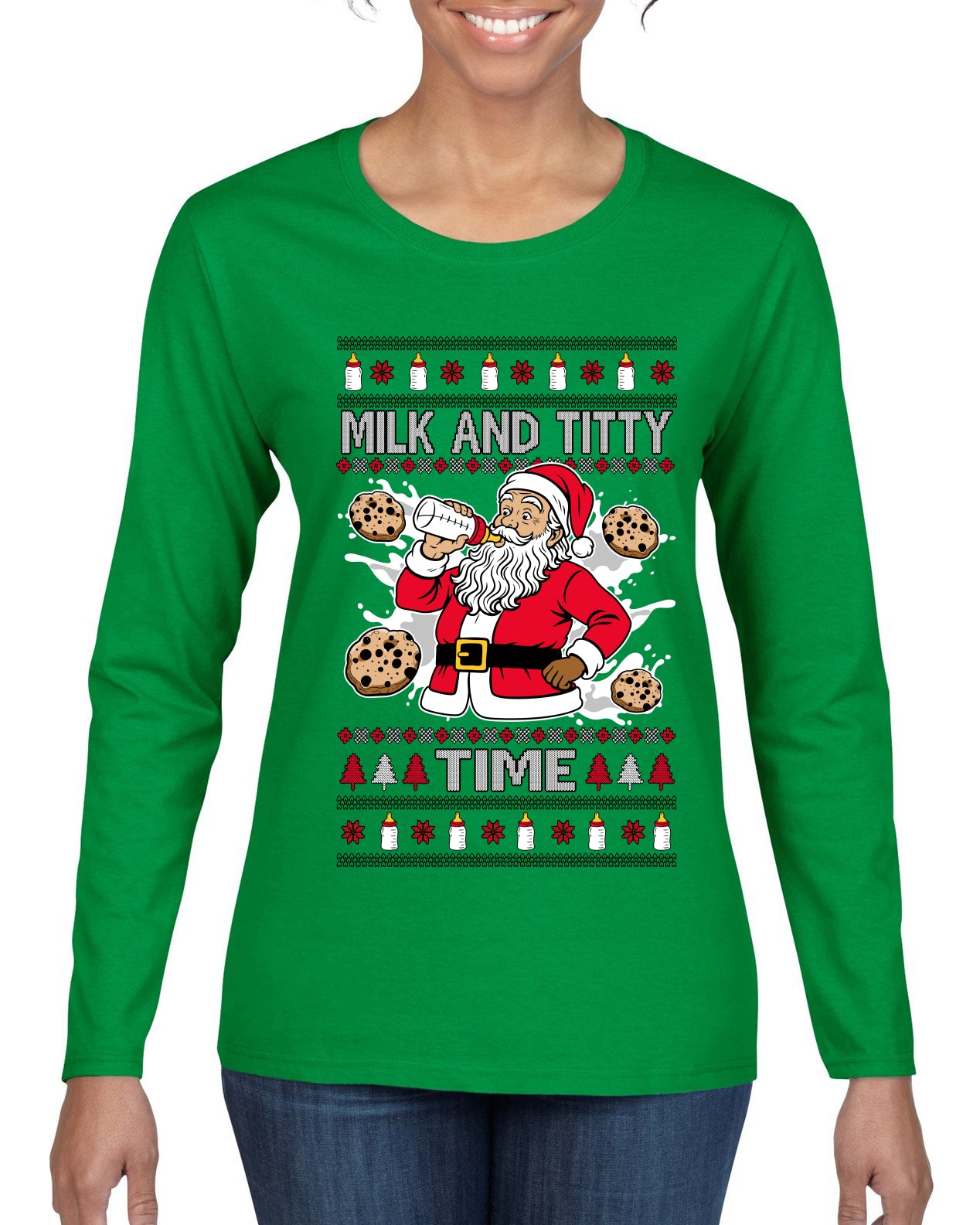 Milk And Titty Time, Ugly Christmas Sweater Womens Graphic Long Sleeve T-Shirt