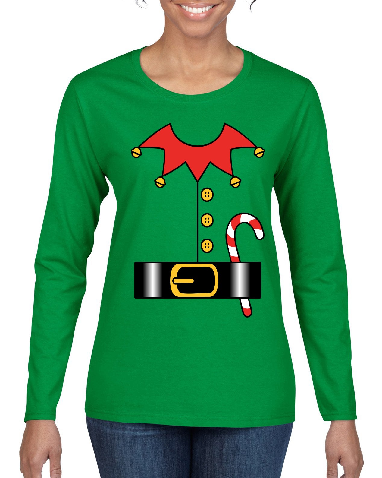Christmas Elf Suit, Ugly Christmas Sweater Womens Graphic Long Sleeve T-Shirt