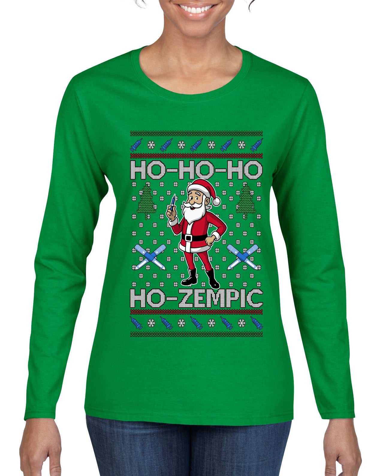 Skinny Santa Ho Ho Ho Ho-Zempic Weight Loss Shot, Ugly Christmas Sweater Womens Graphic Long Sleeve T-Shirt