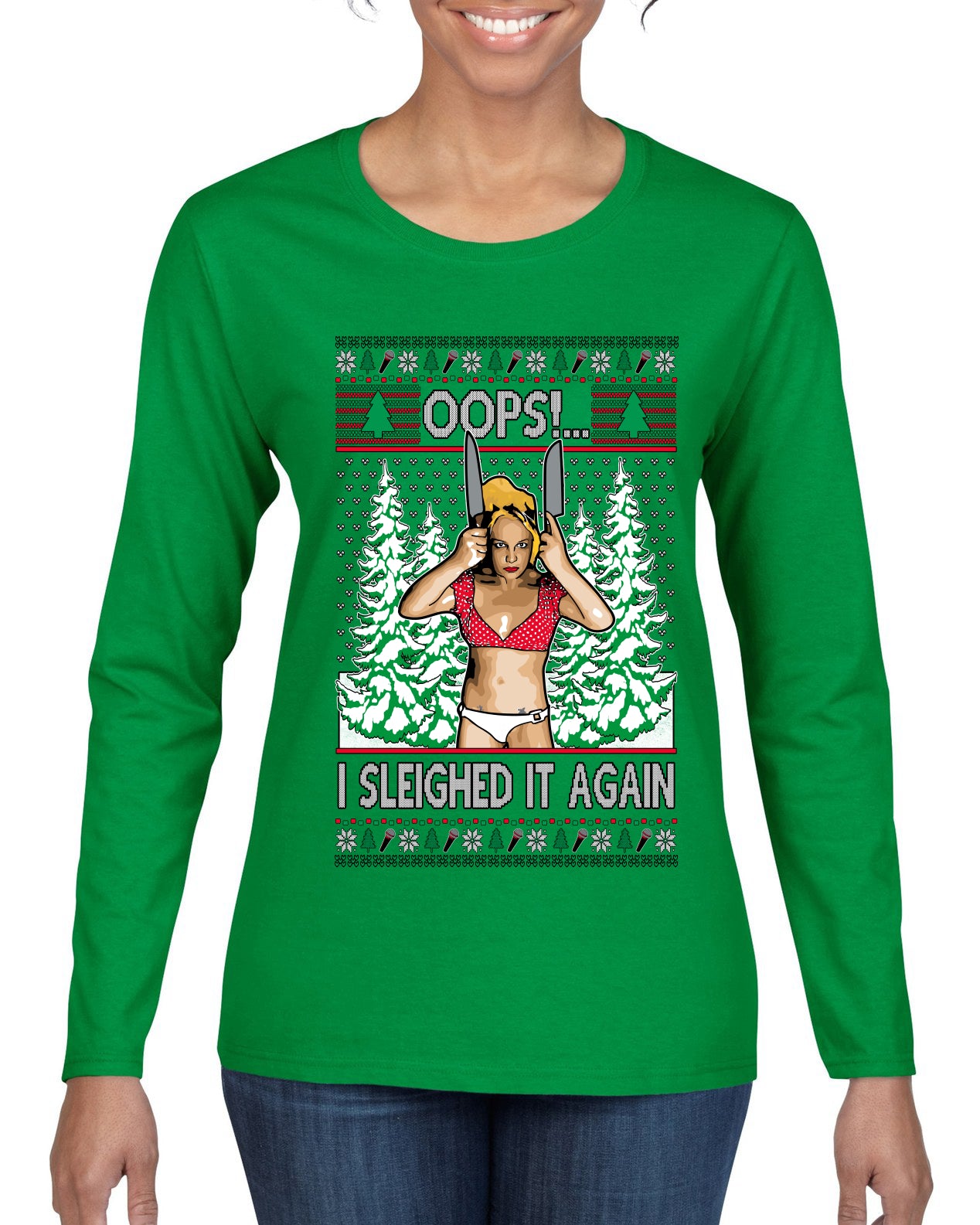 Funny, Knives Popstar Dancing, Music Lover Comedic Christmas Sweater Design, Ugly Christmas Sweater Womens Graphic Long Sleeve T-Shirt