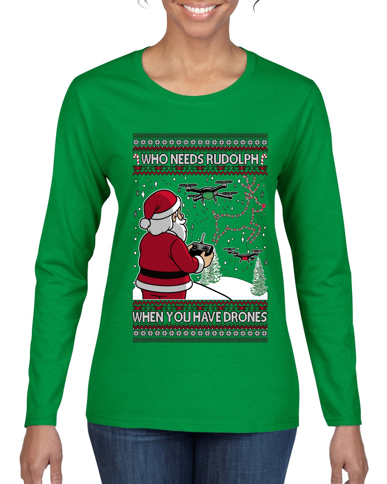 Santa Drone Show Reindeer, Ugly Christmas Sweater Womens Graphic Long Sleeve T-Shirt