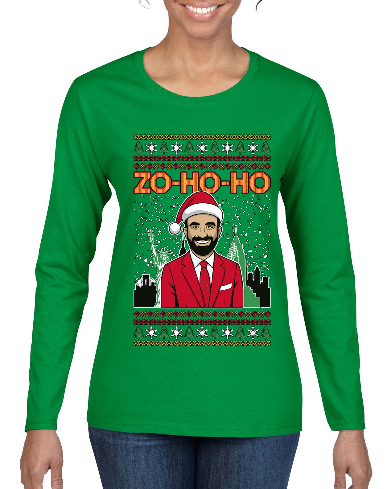 Zo Ho Ho Zohran Mamdani NYC, Ugly Christmas Sweater Womens Graphic Long Sleeve T-Shirt