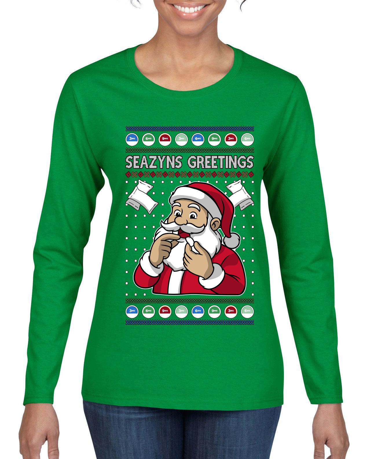Seazyns Greeting Santa Packing Lip Pouch, Ugly Christmas Sweater Womens Graphic Long Sleeve T-Shirt