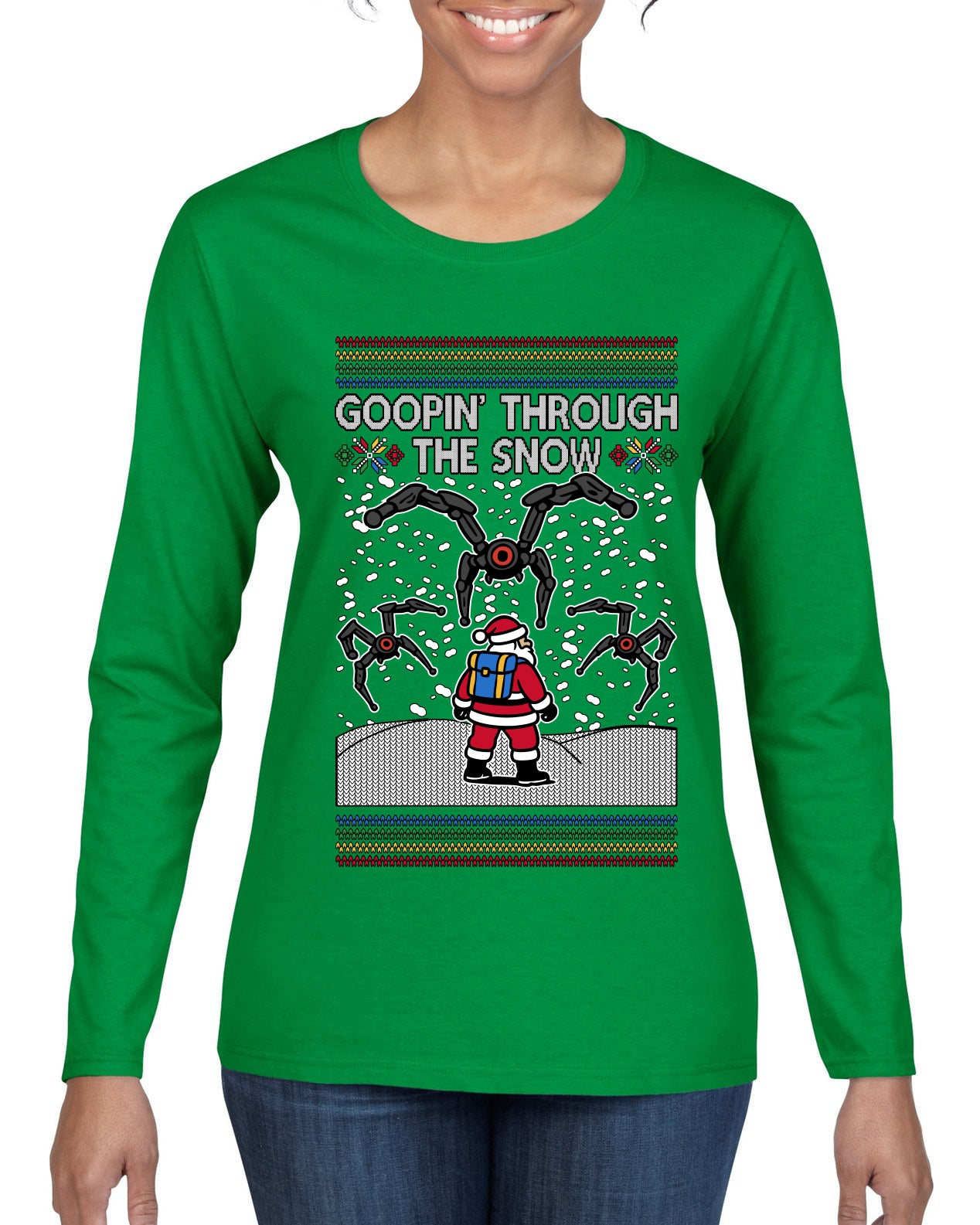 Goopin' Through The Snow Gamer Santa, Ugly Christmas Sweater Womens Graphic Long Sleeve T-Shirt