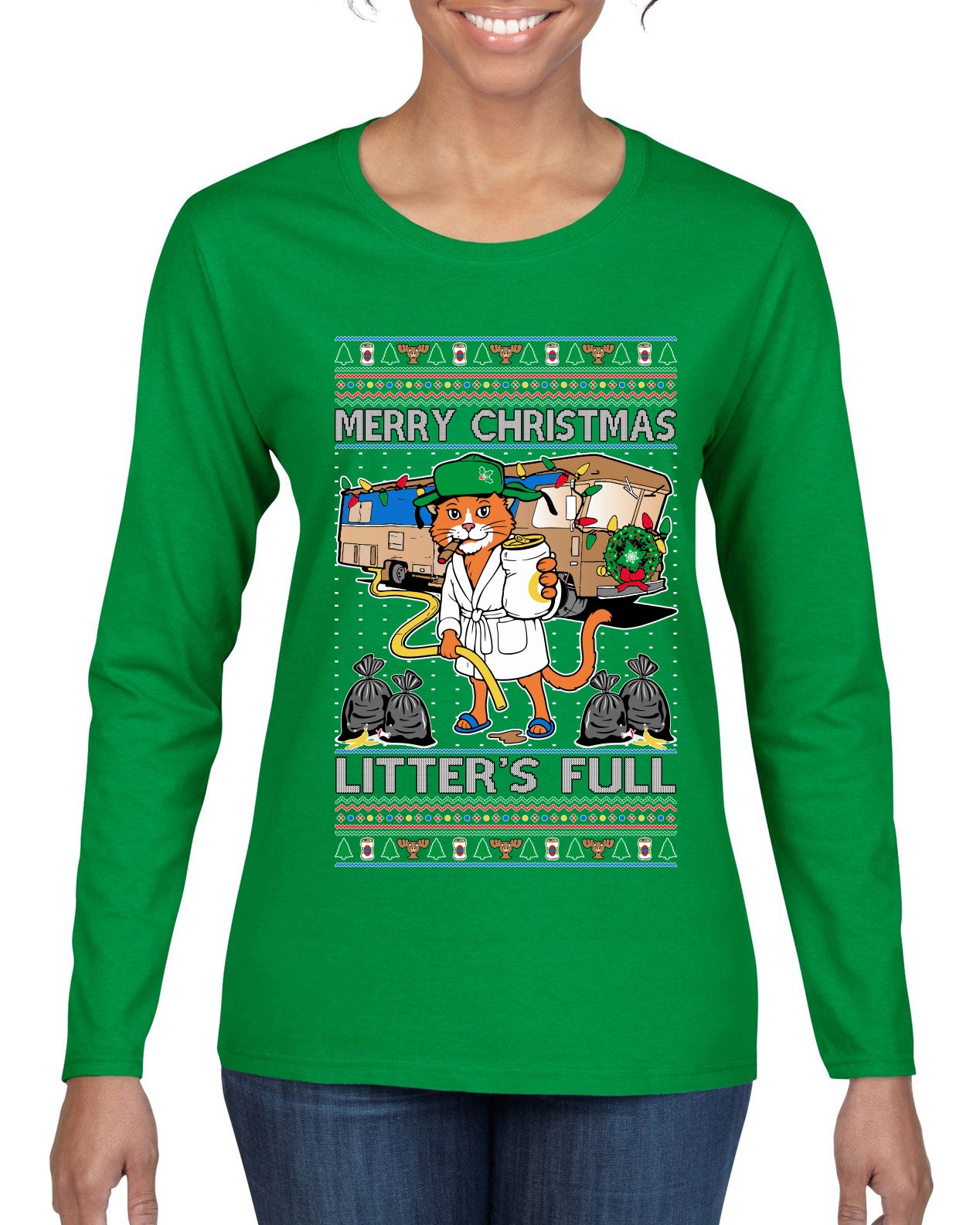 Litters Full Cat, Ugly Christmas Sweater Womens Graphic Long Sleeve T-Shirt