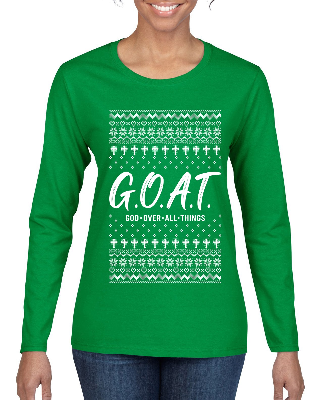 G.O.A.T. God Over All Things, Ugly Christmas Sweater Womens Graphic Long Sleeve T-Shirt