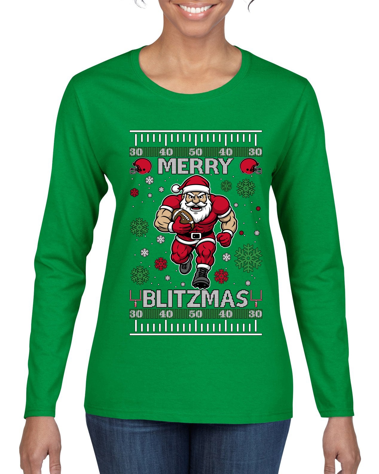 Merry Blitzmas, Football Christmas Sweater Design, Ugly Christmas Sweater Womens Graphic Long Sleeve T-Shirt