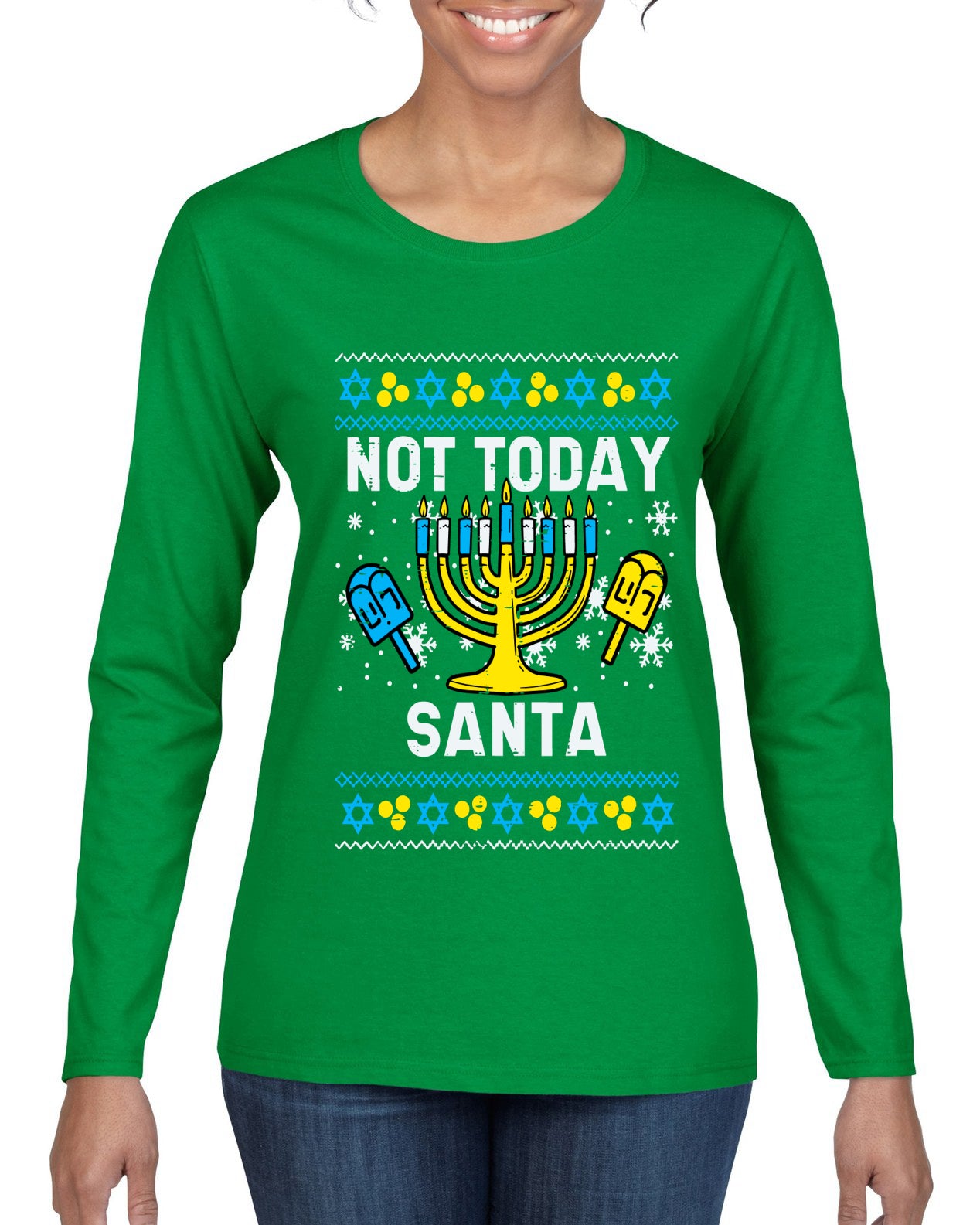 Not Today Santa Menorah Hanukkah, Ugly Christmas Sweater Womens Graphic Long Sleeve T-Shirt