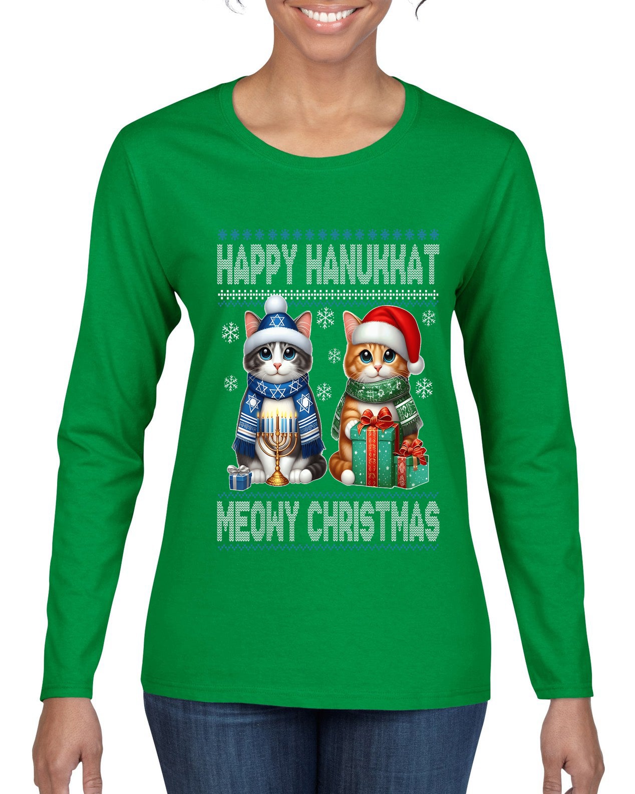 Happy Hanukkat Meowy Christmas, Ugly Christmas Sweater Womens Graphic Long Sleeve T-Shirt