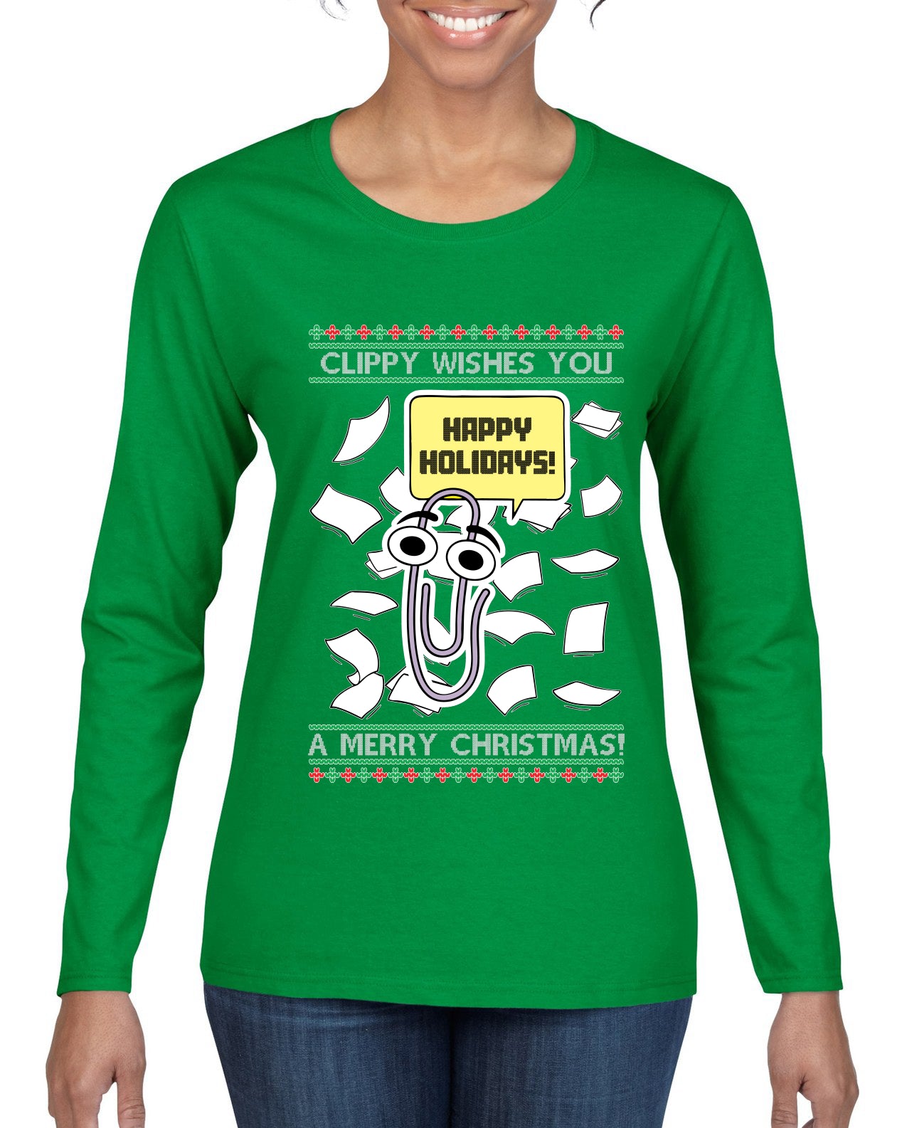 Clippy Wishes You A Merry Christmas Office Assistant, Ugly Christmas Sweater Womens Graphic Long Sleeve T-Shirt