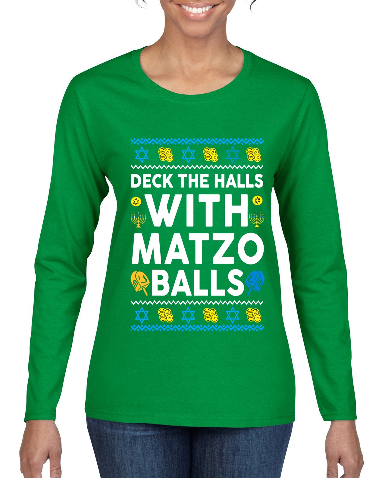 Deck The Halls With Matzo Balls Hanukkah, Ugly Christmas Sweater Womens Graphic Long Sleeve T-Shirt