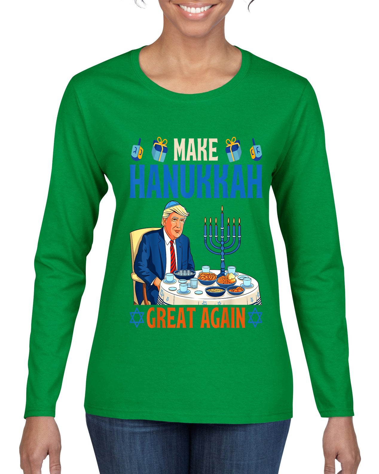 Make Hanukkah Great Again, Ugly Christmas Sweater Womens Graphic Long Sleeve T-Shirt