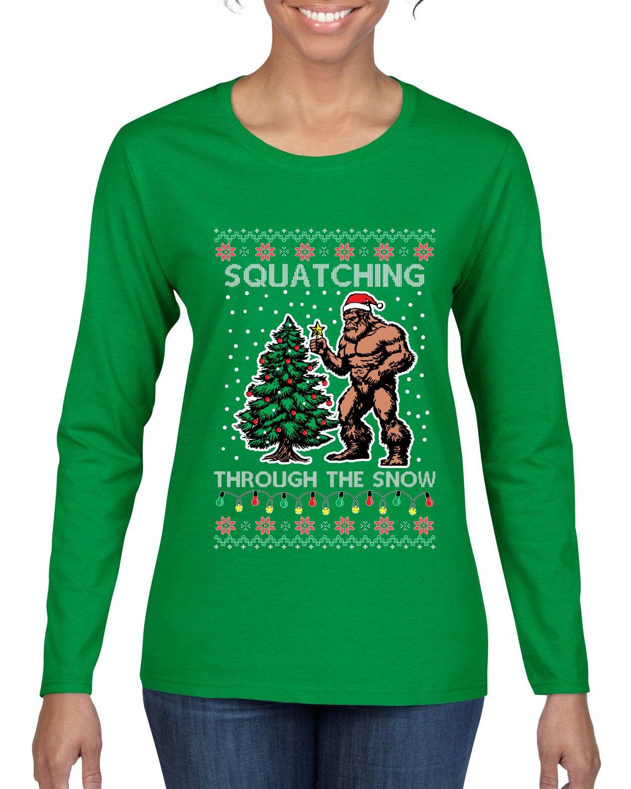 Squatching Through The Snow Bigfoot, Ugly Christmas Sweater Womens Graphic Long Sleeve T-Shirt