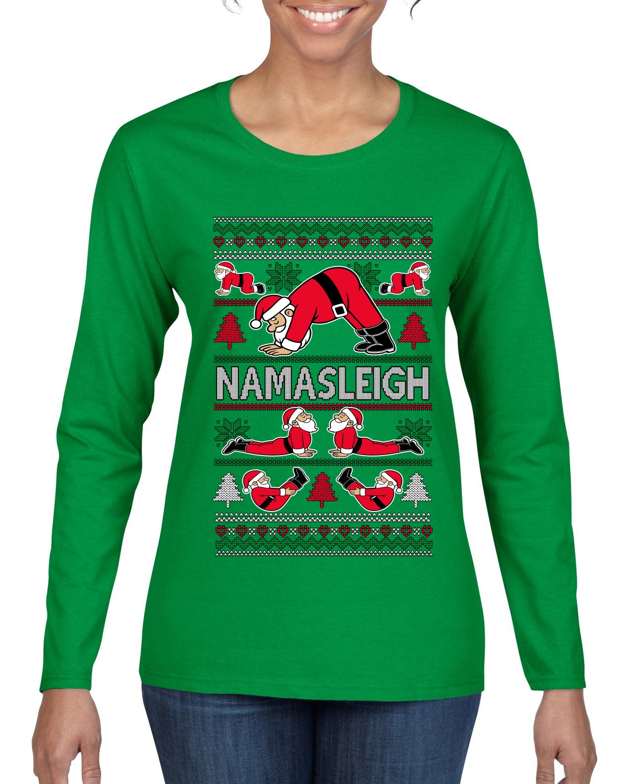 Namasleigh, Namaste Yoga Santa Claus, Ugly Christmas Sweater Womens Graphic Long Sleeve T-Shirt