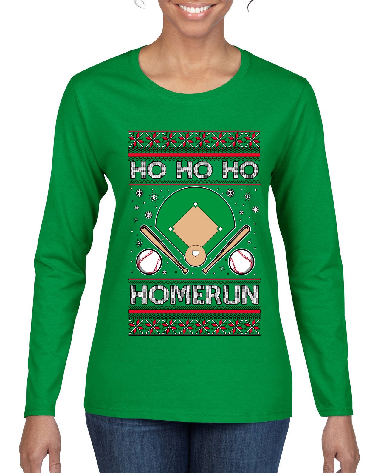Ho Ho Ho Homerun, Baseball Fan Christmas Design, Ugly Christmas Sweater Womens Graphic Long Sleeve T-Shirt