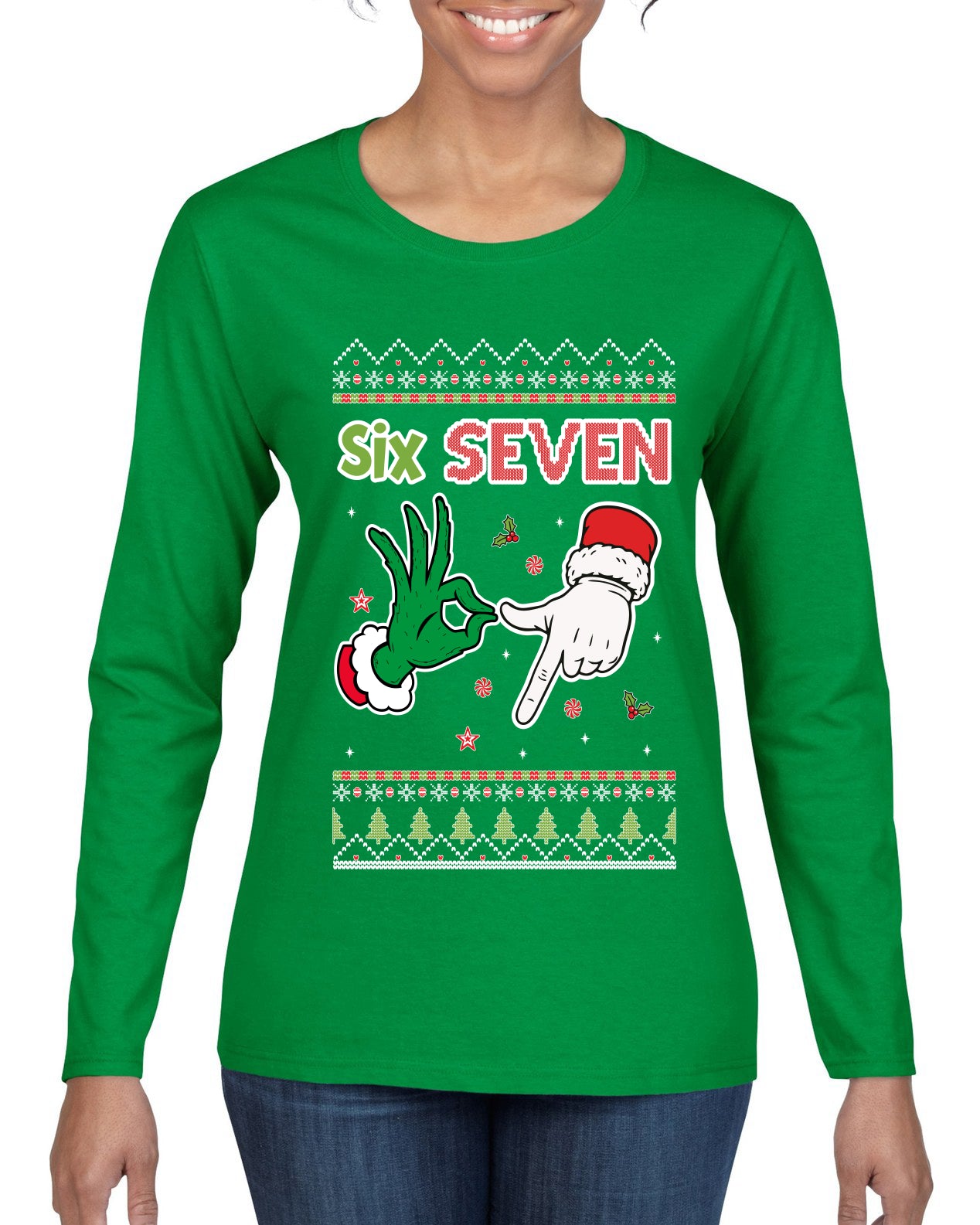 6 7 Christmas Hands, Ugly Christmas Sweater Womens Graphic Long Sleeve T-Shirt