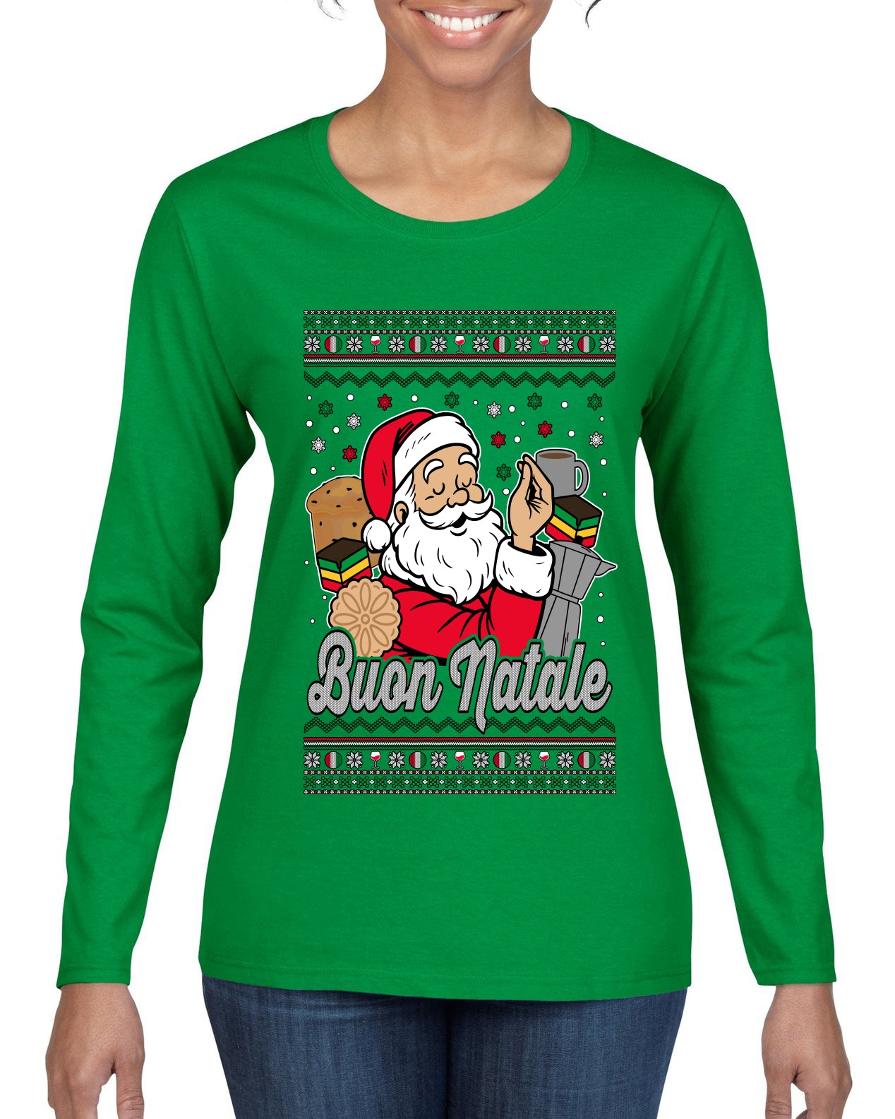Buon Natale, Italian Santa Claus, Funny, Italian American Humor, Ugly Christmas Sweater Womens Graphic Long Sleeve T-Shirt