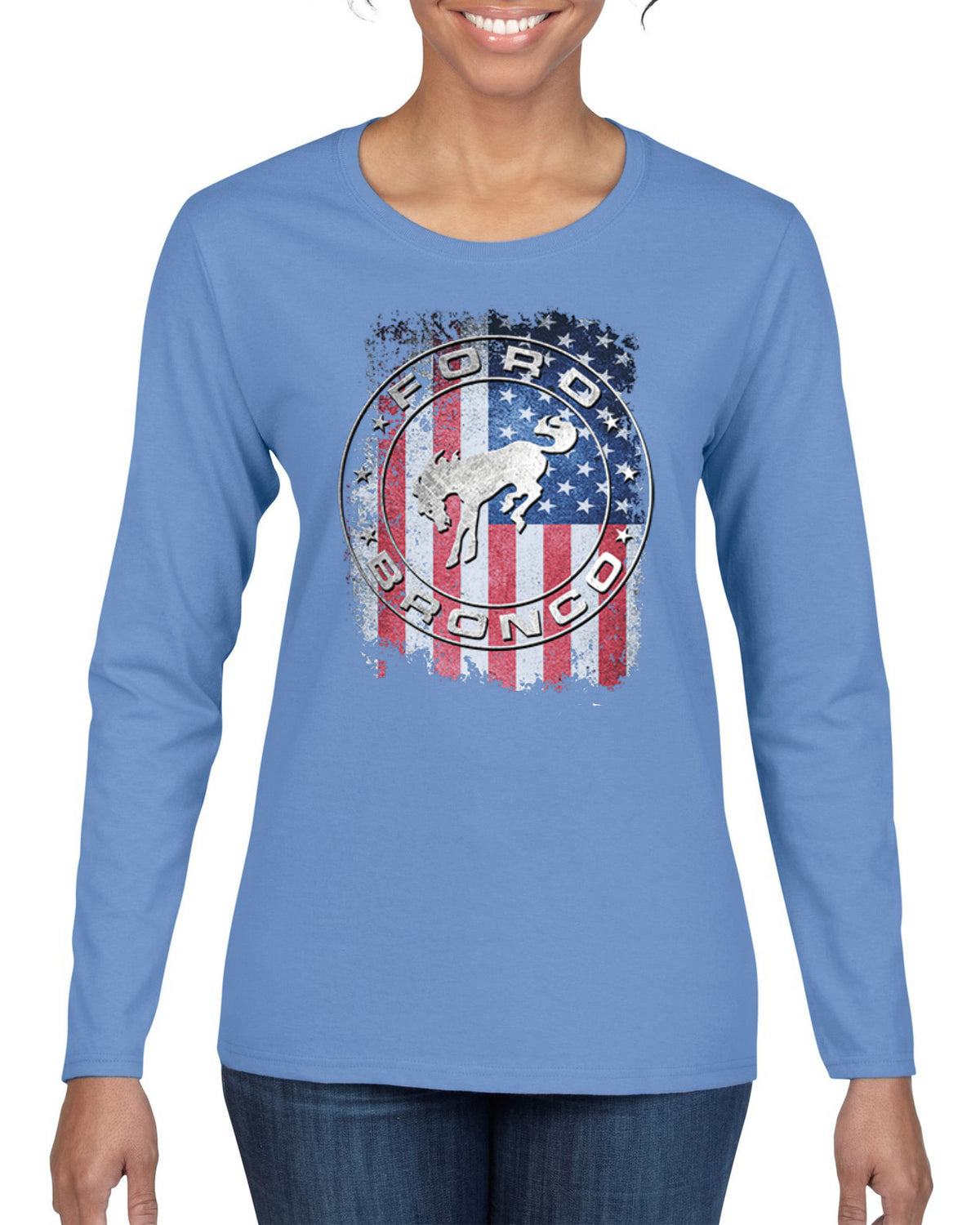 US Flag Ford Bronco Cars and Trucks Womens Graphic Long Sleeve T-Shirt