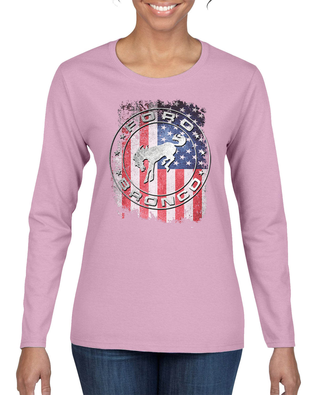 US Flag Ford Bronco Cars and Trucks Womens Graphic Long Sleeve T-Shirt