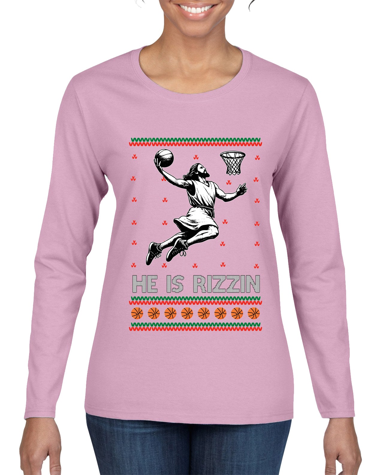 He Is Rizzin, Ugly Christmas Sweater Womens Graphic Long Sleeve T-Shirt