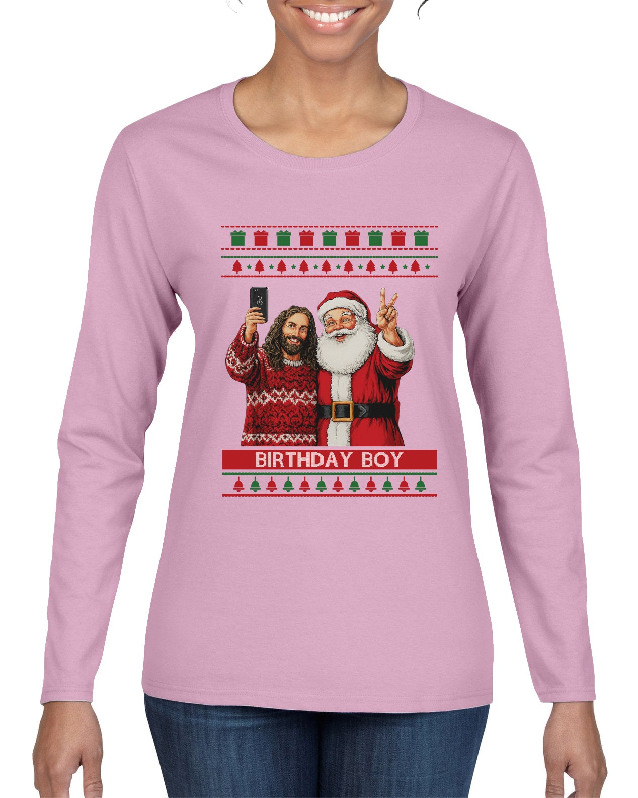 Birthday Boy Jesus, Ugly Christmas Sweater Womens Graphic Long Sleeve T-Shirt