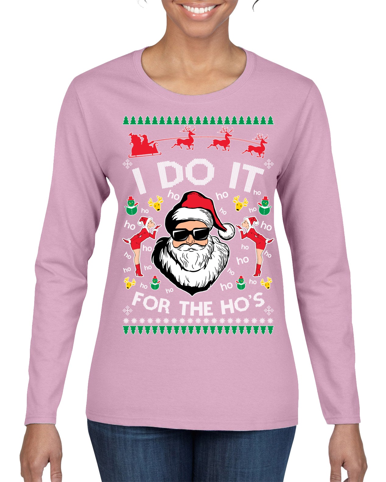 I Do It for the Hos Funny Santa Claus Ugly Christmas Sweater Womens Graphic Long Sleeve T-Shirt