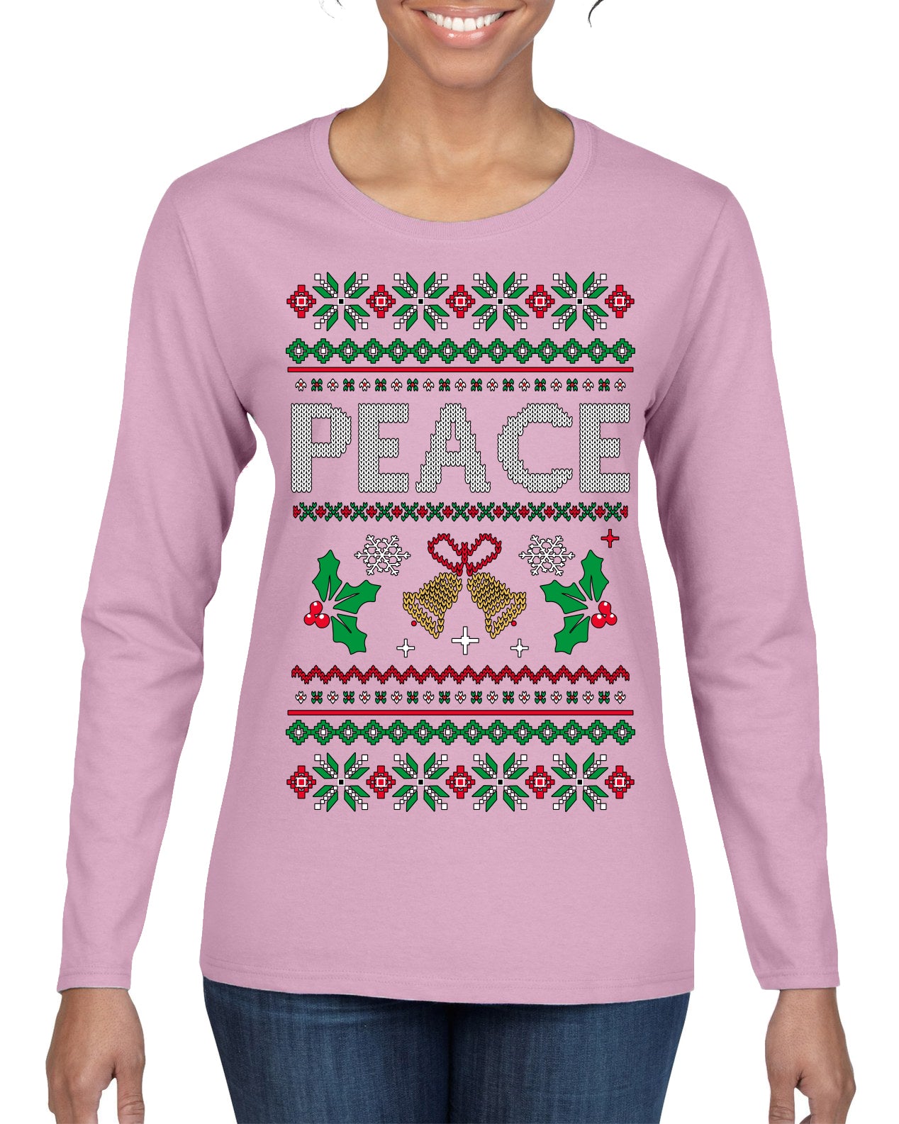 Peace Ugly Christmas Sweater Womens Graphic Long Sleeve T-Shirt