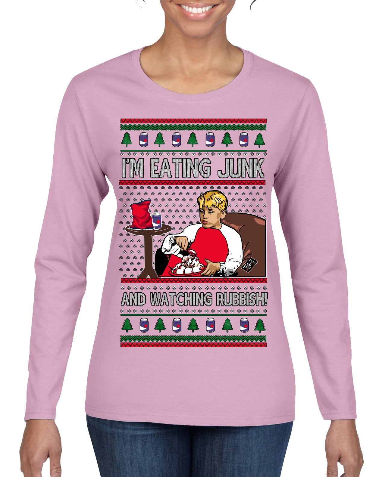 I'm Eating Junk and Watching Rubbish 90s Movie Ice Cream Ugly Christmas Sweater Womens Graphic Long Sleeve T-Shirt