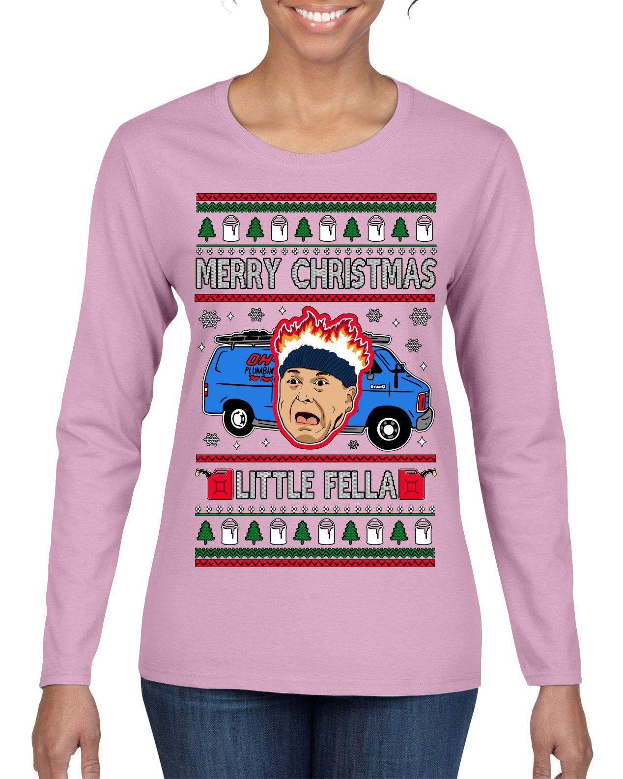 Merry Christmas Little Fella Funny 90s Harry Movie Quote Ugly Christmas Sweater Womens Graphic Long Sleeve T-Shirt