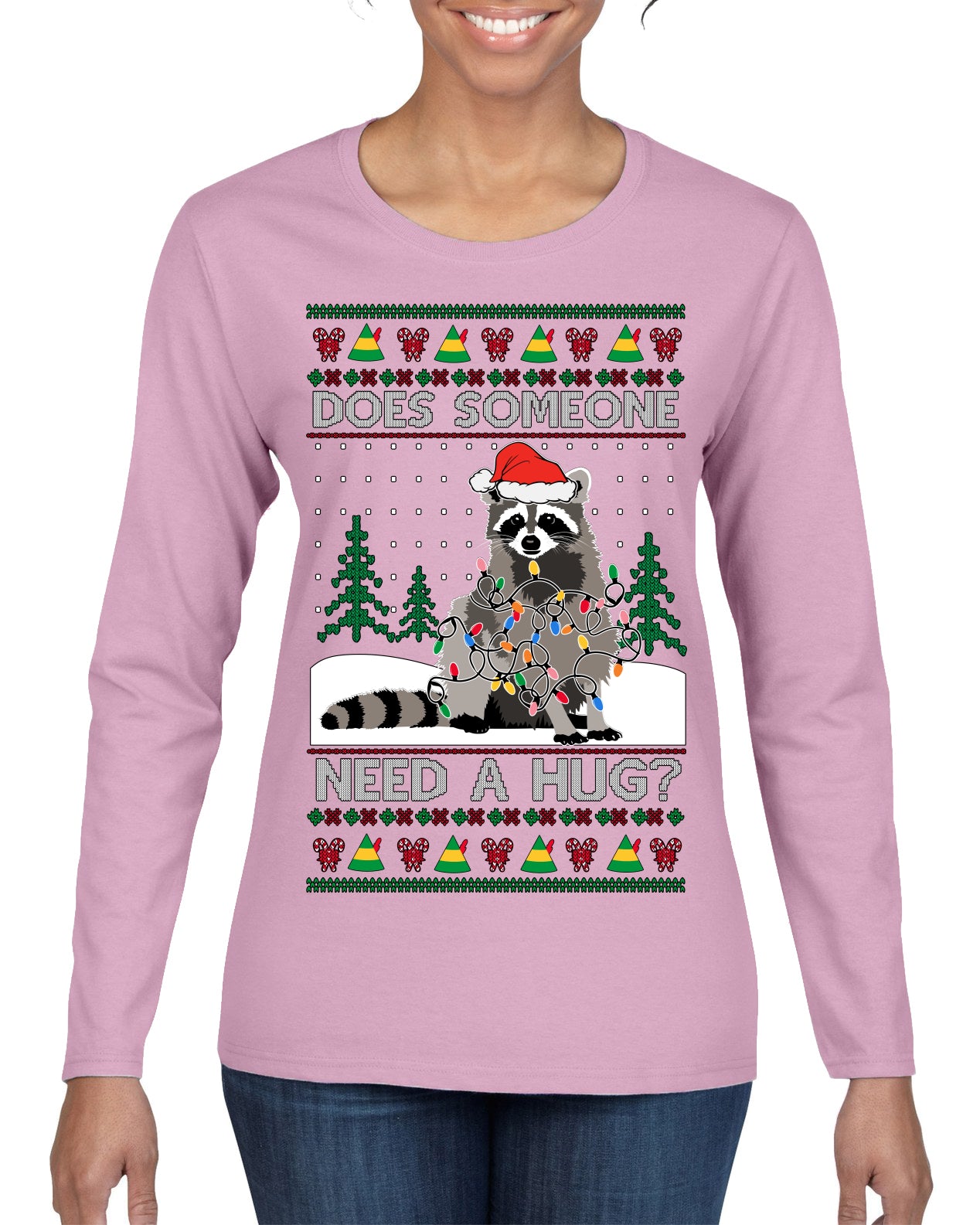 Does Someone Need a Hug? Cute Raccoon Ugly Christmas Sweater Womens Graphic Long Sleeve T-Shirt