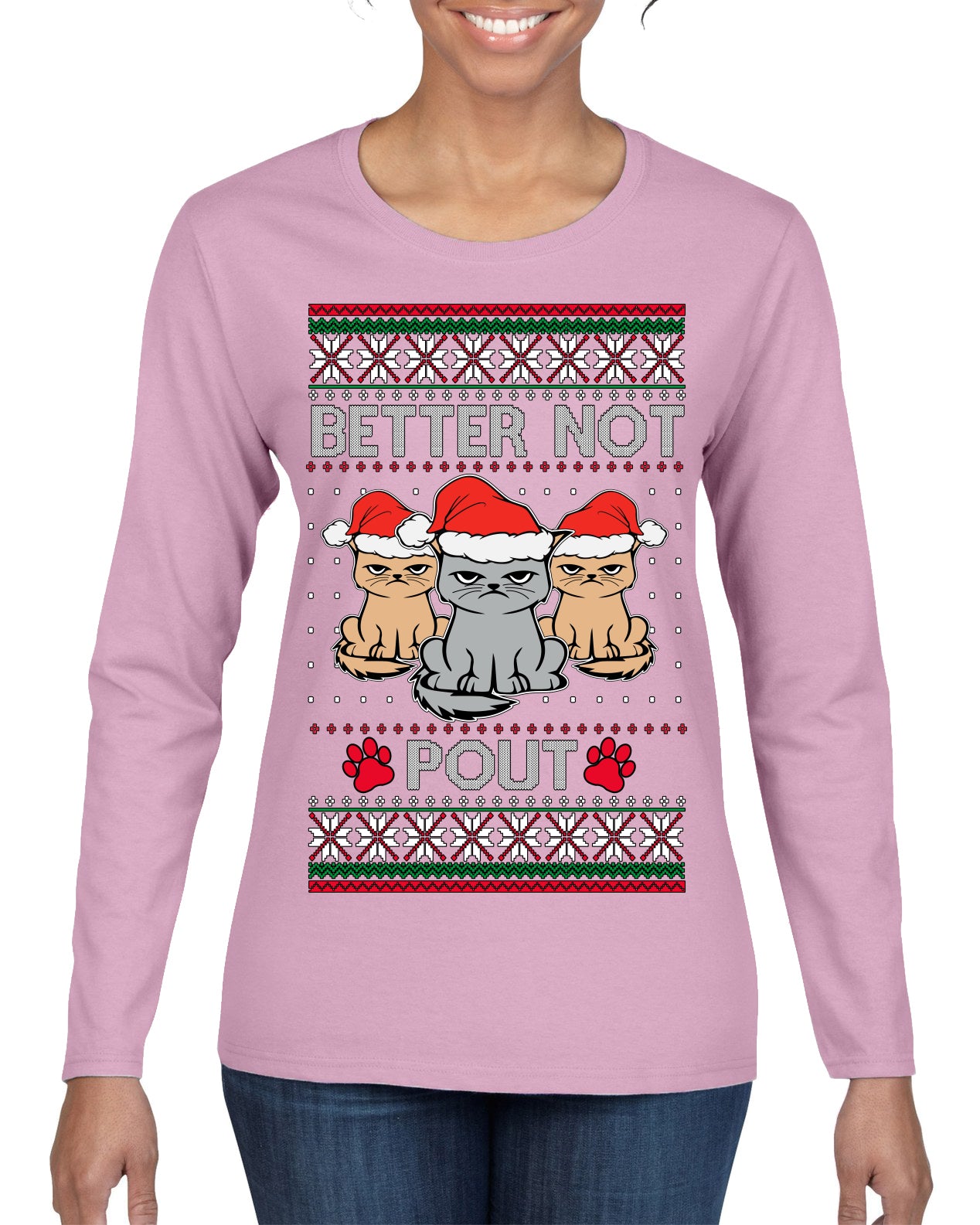Better Not Pout, Cute Sad Santa Cats | Funny Ugly Christmas Sweater Womens Graphic Long Sleeve T-Shirt